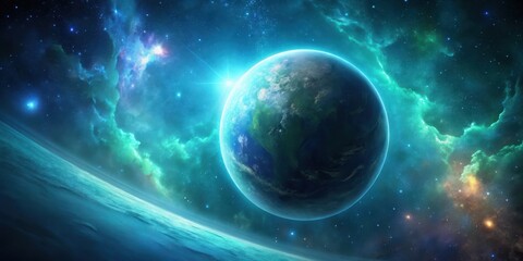 Fototapeta premium A serene glowing blue green planet in dark outer space surrounded by stars and nebulae