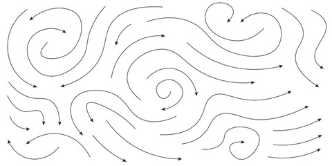 Fototapeta premium Wavy and curve black cute arrows isolated on white background collection. Vector icons in flat style