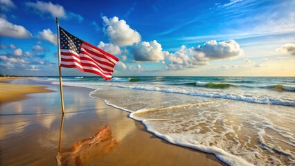 Sandy beach with waving American flag on left, gentle waves rolling onto shore creating calm and serene scenery