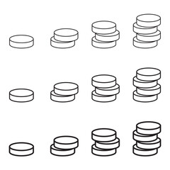 Stacked coins in 12 variations black isolated illustration on white background. Vector icons in flat style