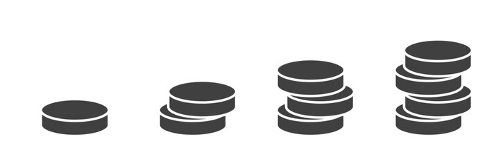 Stacked coins filles black illustrations isolated on white background for UI. Vector icons in flat style