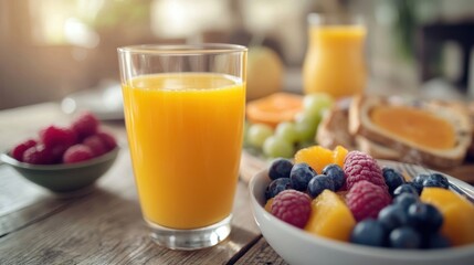 Healthy Breakfast Concept with Freshly Squeezed Orange Juice, Mixed Fruit, and Whole-Grain Toast on Table