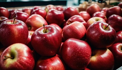 A colorful assortment of red apples is neatly arranged on a supermarket counter, inviting customers to explore and select fresh fruit. Generative AI