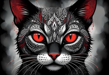 tribal cat face filled with detailed patterns and artistic designs. The cat has large, captivating teal eyes and its ears are pointed and angular. The background is a vibrant color