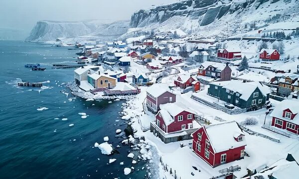 A small town with houses and a body of water
