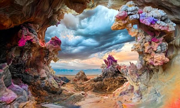 A colorful cave with a pink and purple hue