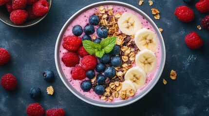 Vibrant and Nutritious Acai Smoothie Bowl Garnished with Fresh Berries, Banana Slices, and Granola, Ideal for a Healthy Breakfast Option