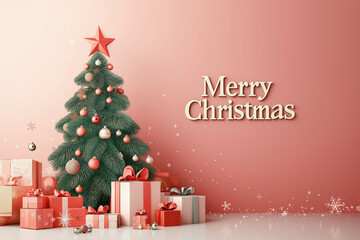 Naklejka premium Festive Christmas background featuring a 3D tree adorned with gifts and a cheerful Merry Christmas message for holiday celebrations