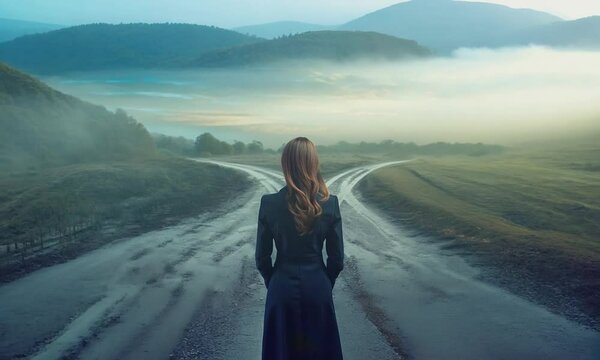 A woman stands on a road with two paths in front of her