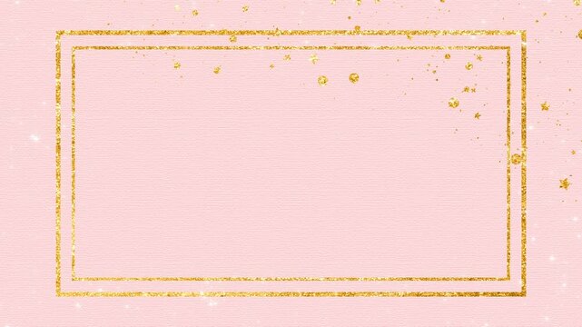 golden frame on soft pink paper texture, gold glitter shiny stars and particles, abstract cosmetic and fashion motion background