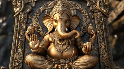 Fototapeta premium Ganesha in 3D cartoon style, engraving divine symbols on a golden tablet, representing creativity. Realistic textures, no people.