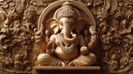 Fototapeta premium Ganesha in 3D cartoon style, engraving divine symbols on a golden tablet, representing creativity. Realistic textures, no people.