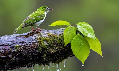 A green bird is perched on a branch with leaves and raindrops
