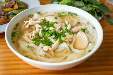 Vietnamese food closeup of a chicken or pork or beef noodle soup bowl called pho