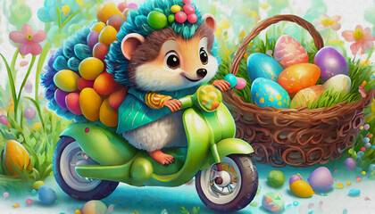 Obraz premium oil painting style CARTOON CHARACTER illustration CUTE baby hedgehog ride Stylish green cross motorcycle isolated