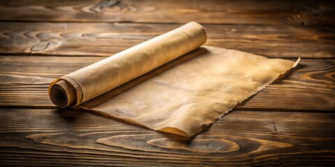 Roll of antique parchment paper on rustic wooden table in natural light setting