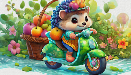 Obraz premium oil painting style CARTOON CHARACTER illustration CUTE baby hedgehog ride Stylish green cross motorcycle isolated