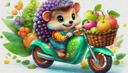 Obraz premium oil painting style CARTOON CHARACTER illustration CUTE baby hedgehog ride Stylish green cross motorcycle isolated