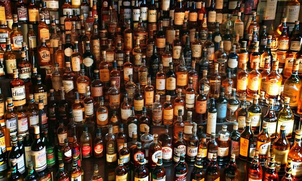 A row of liquor bottles are lined up on a shelf