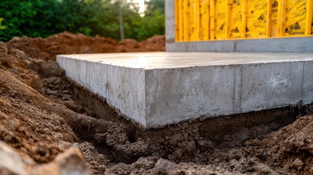 Foundation being poured, concrete slab foundation for a house, Construction process, residential building
