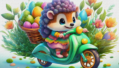 Naklejka premium oil painting style CARTOON CHARACTER illustration CUTE baby hedgehog ride Stylish green cross motorcycle isolated