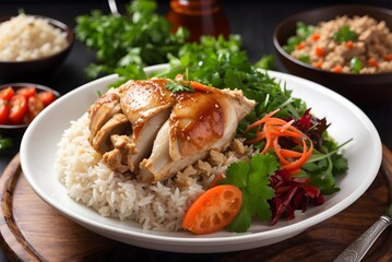 Grilled chicken breast with vegetables, rice and cherry tomatoes. Healthy eating scene, grilled chicken on a wooden table.