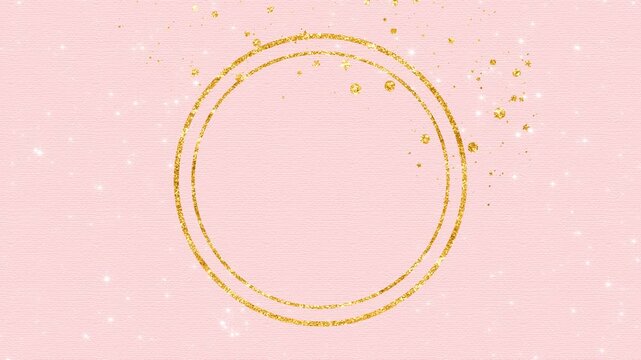 golden circle frame on soft pink paper texture, gold glitter shiny stars and particles, abstract cosmetic and fashion motion background