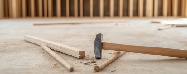 House framing tools, close-up of hammers, nails, and wood at a construction site, Carpentry, house building
