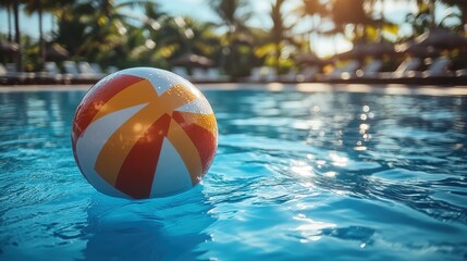 High-resolution photo of a colorful beach ball floating in a swimming pool with a blurred tropical resort and palm trees in the background, capturing a summer vacation concept

