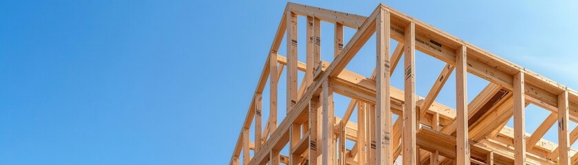 Obraz premium House framing under blue sky, wooden frame of a house under construction, bright clear day, Construction process, residential building