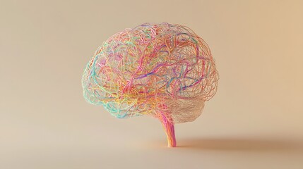 3D render of a colorful brain with an intricate neural network, isometric view, beige background.