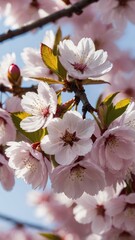 Obraz premium A close-up of delicate pink cherry blossoms on a branch against a blue sky.