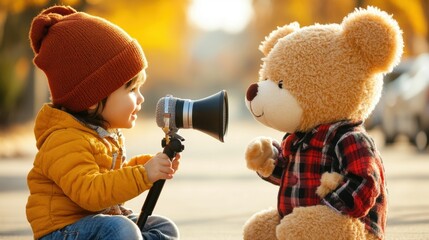 A child dressed as a journalist, interviewing a plush toy with a toy microphone.