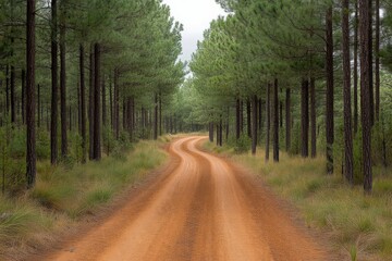 Obraz premium Dirt road winding through pine forest, rugged and wild
