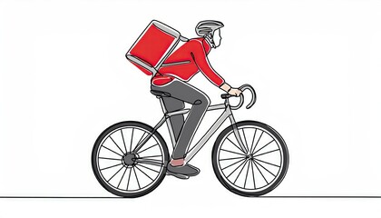 Single continuous line drawing of food delivery man riding a bicycle; isolated on white background