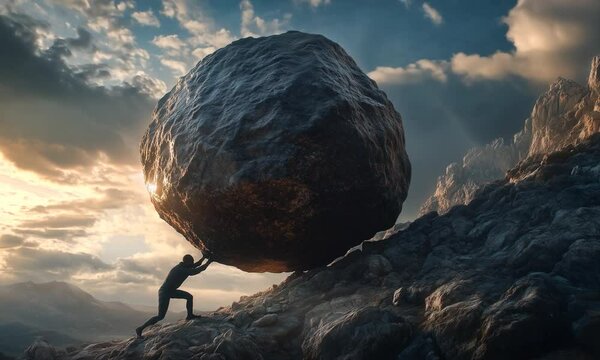 A man is lifting a large rock