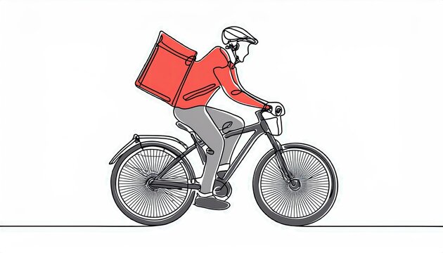 Single continuous line drawing of food delivery man riding a bicycle; isolated on white background