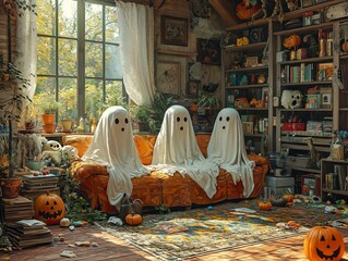 A surreal depiction of a cozy living room with playfull ghosts for a Halloween party