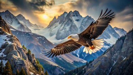 Naklejka premium Majestic eagle in mid flight against dramatic mountainous backdrop, showcasing freedom and raw beauty of nature's wilderness