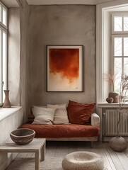 Fototapeta premium Minimalist living room interior with a large abstract painting on the wall, a sofa, and a coffee table.