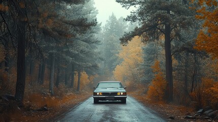 Road trip with pine forest backdrop, car in motion capturing travel spirit