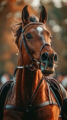 Obraz premium A majestic brown horse with a white marking on its forehead, captured in a close-up portrait during a sunny day, showcasing its intricate bridle and expressive eyes