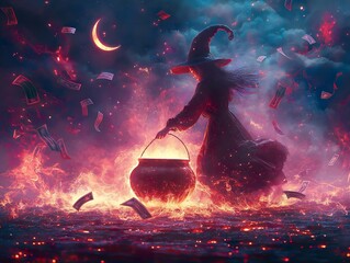 A witch stirring dollar bills and discounts for Halloween sales, ai generated
