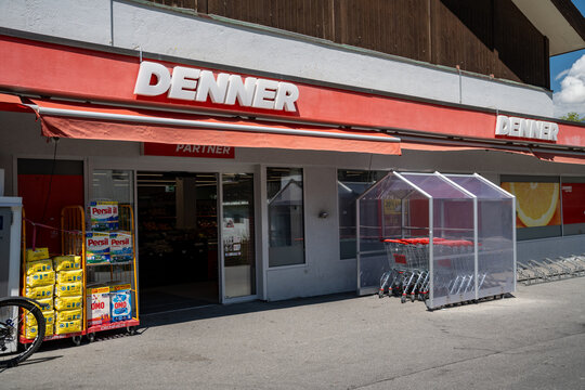 Zermatt, Switzerland - July 27, 2024: Outside of a Denner grocery store supermarket