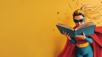 Woman in superhero costume reading book with enthusiastic expression