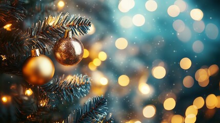 Obraz premium Decorated Christmas tree with golden ornaments and soft bokeh lights during a festive winter evening