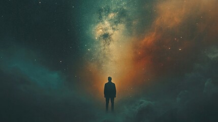 Obraz premium Facing my Faith. Man looking at the universe. 3d illustration. Space background.
