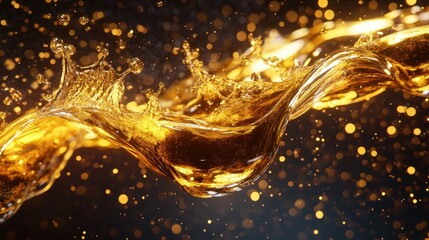 Liquid Gold: Dynamic 3D Rendering of Flowing Fluid with Intricate Splashing Shapes on Dark Background