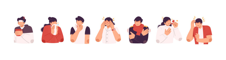 Boy and girl with flu, cold symptoms set. Ill sick sneezing, coughing. People with runny nose, headache, fever, sore throat, illness. Flat graphic vector illustration isolated on white background