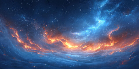 Fototapeta premium A fiery and celestial landscape with blue and orange hues.